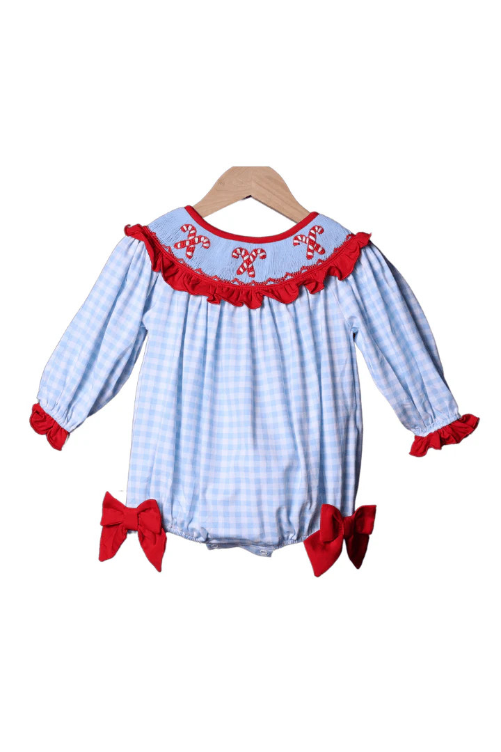 Smocked Blue Gingham Candy Cane Bishop Bubble | The Smocked Flamingo