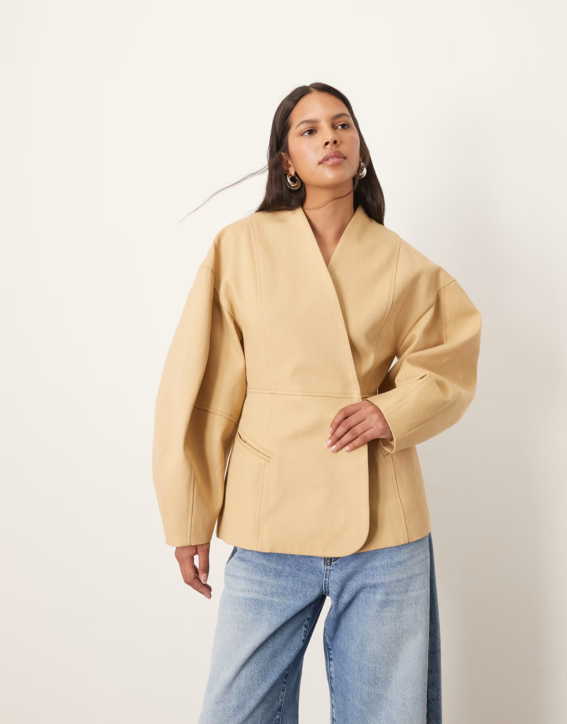 ARRANGE twill jacket with ovoid sleeve and cinched waist in camel | ASOS (Global)