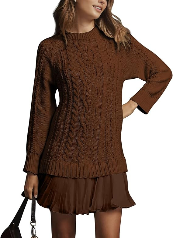 Women Cable Knit Sweater Dress Crewneck Long Sleeve Pleated Mini Dress Twofer Style Patchwork Dre... | Amazon (US)