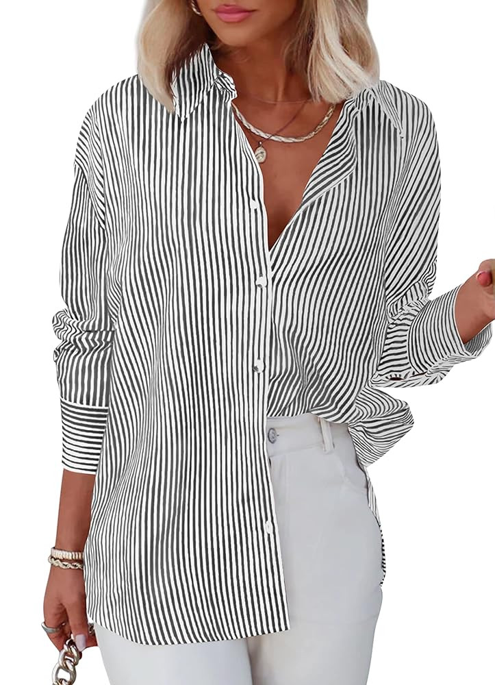 Diosun Womens Striped Button Down Shirts Classic Long Sleeve Stylish Collared Office Work Blouses... | Amazon (US)