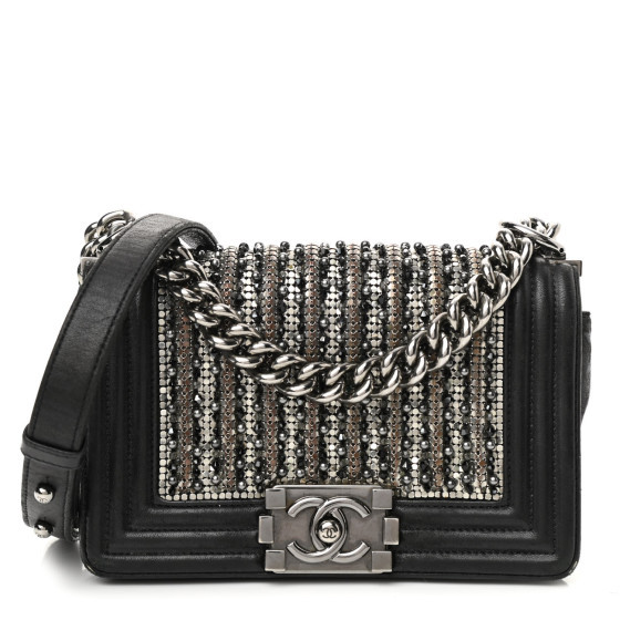 Lambskin Glass Pearl Embroidered Small Boy Flap Black | FASHIONPHILE (US)