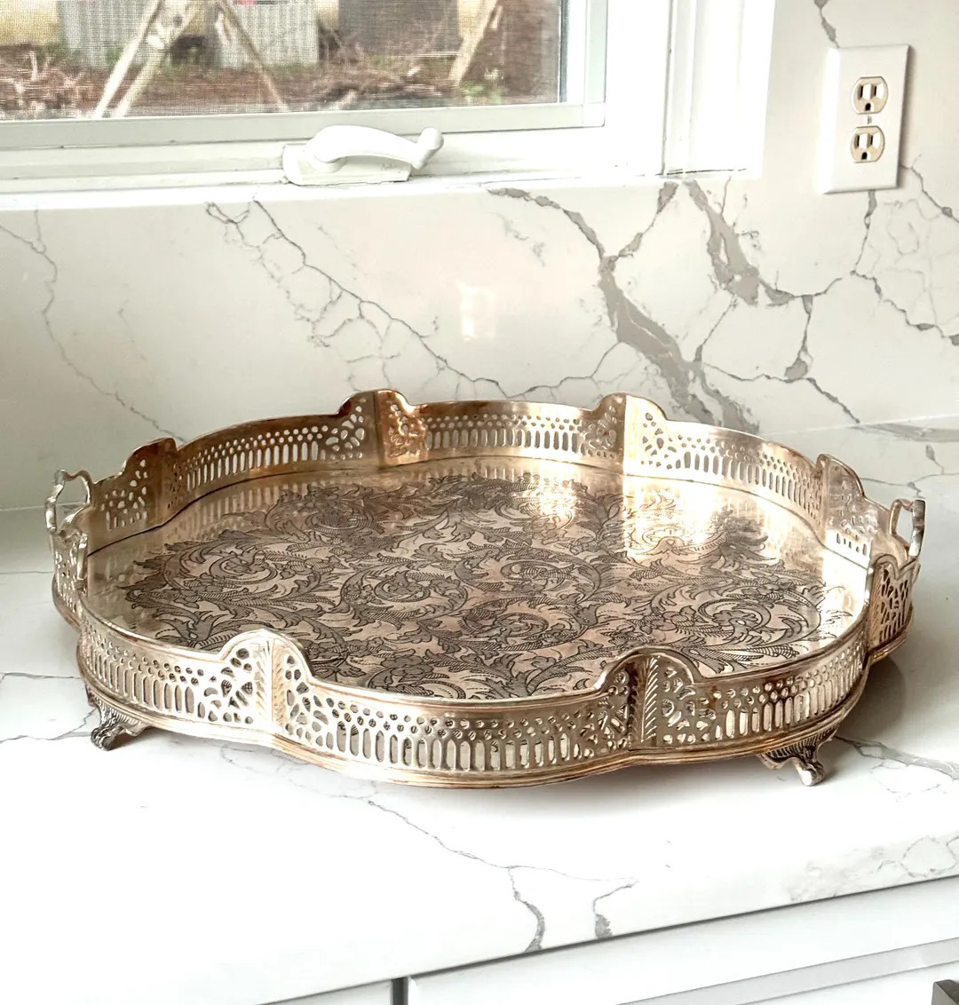 Gorgeous XL Castilian Vintage Scallop 21" Silver Tone Tray With Handles and Feet - Etsy | Etsy (US)