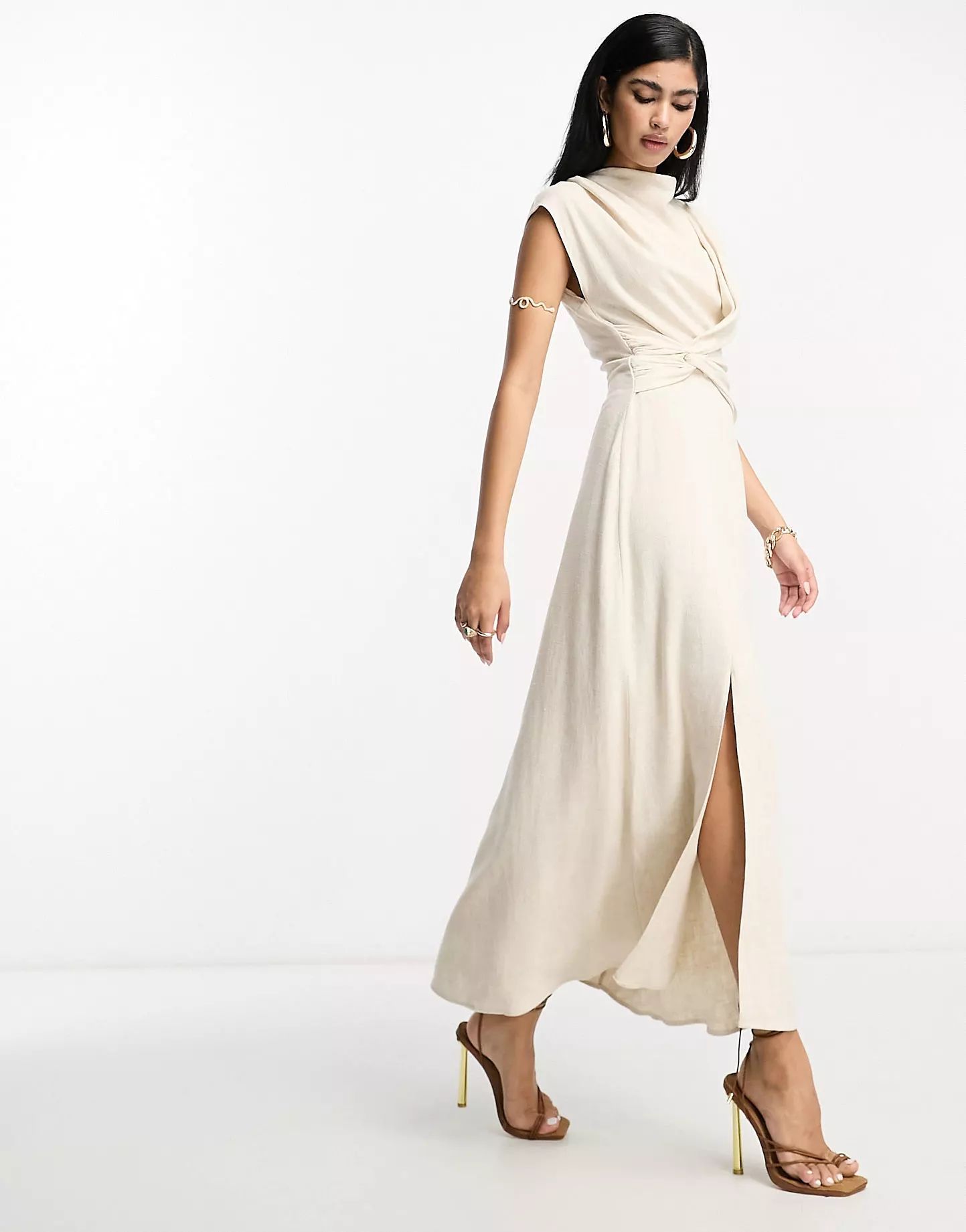 ASOS DESIGN linen high neck twist front midi dress in natural | ASOS (Global)
