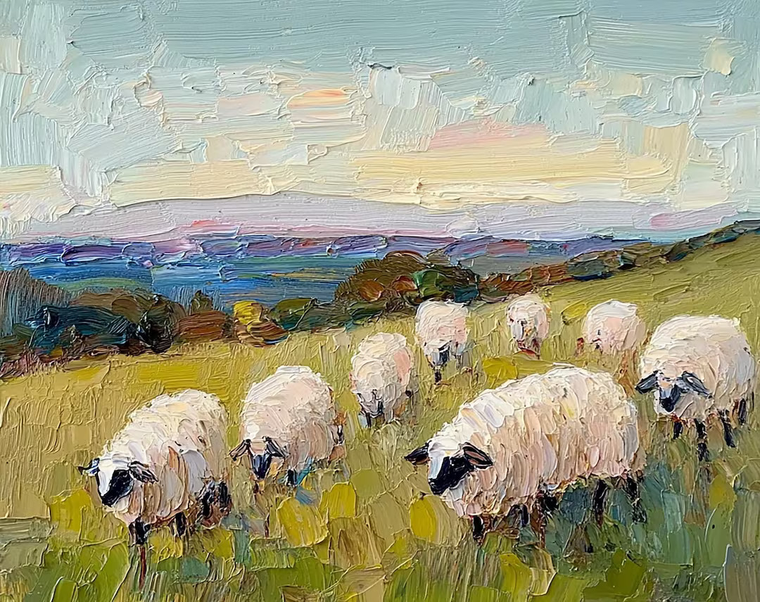 Buy Sheep Painting Lamb Original Art New England Landscape Impasto Painting Green Field Wall Art ... | Etsy (US)