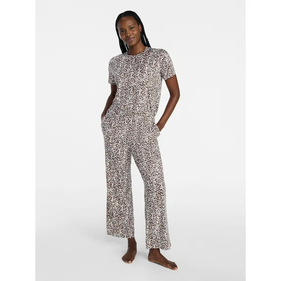 Joyspun Women's Dreamy Soft Collection Short Sleeve Sleep Top and Open Leg Pants Pajama Set, 2-Pi... | Walmart (US)