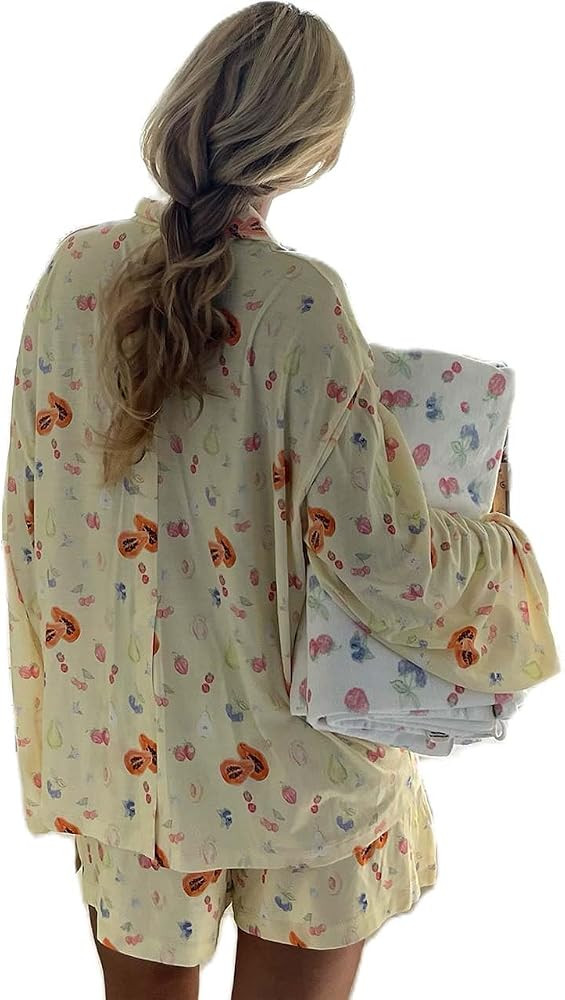 Yiulangde Women Y2K 2 Piece Strawberry Fruit Pajamas Set Long Sleeve Shirt Relaxed Fit Shorts Two... | Amazon (US)