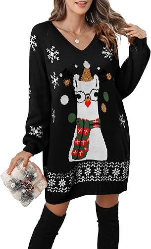 Women's Ugly Christmas V Neck Oversize Sweater Dress Long Sleeve Loose Holiday Knit Xmas Mini Dre... | Amazon (US)