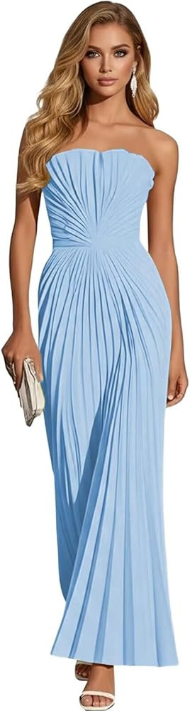 Women's Strapless Pleated Bridesmaid Dress Elegant Sweetheart Neck Formal Prom Gown for Wedding G... | Amazon (US)