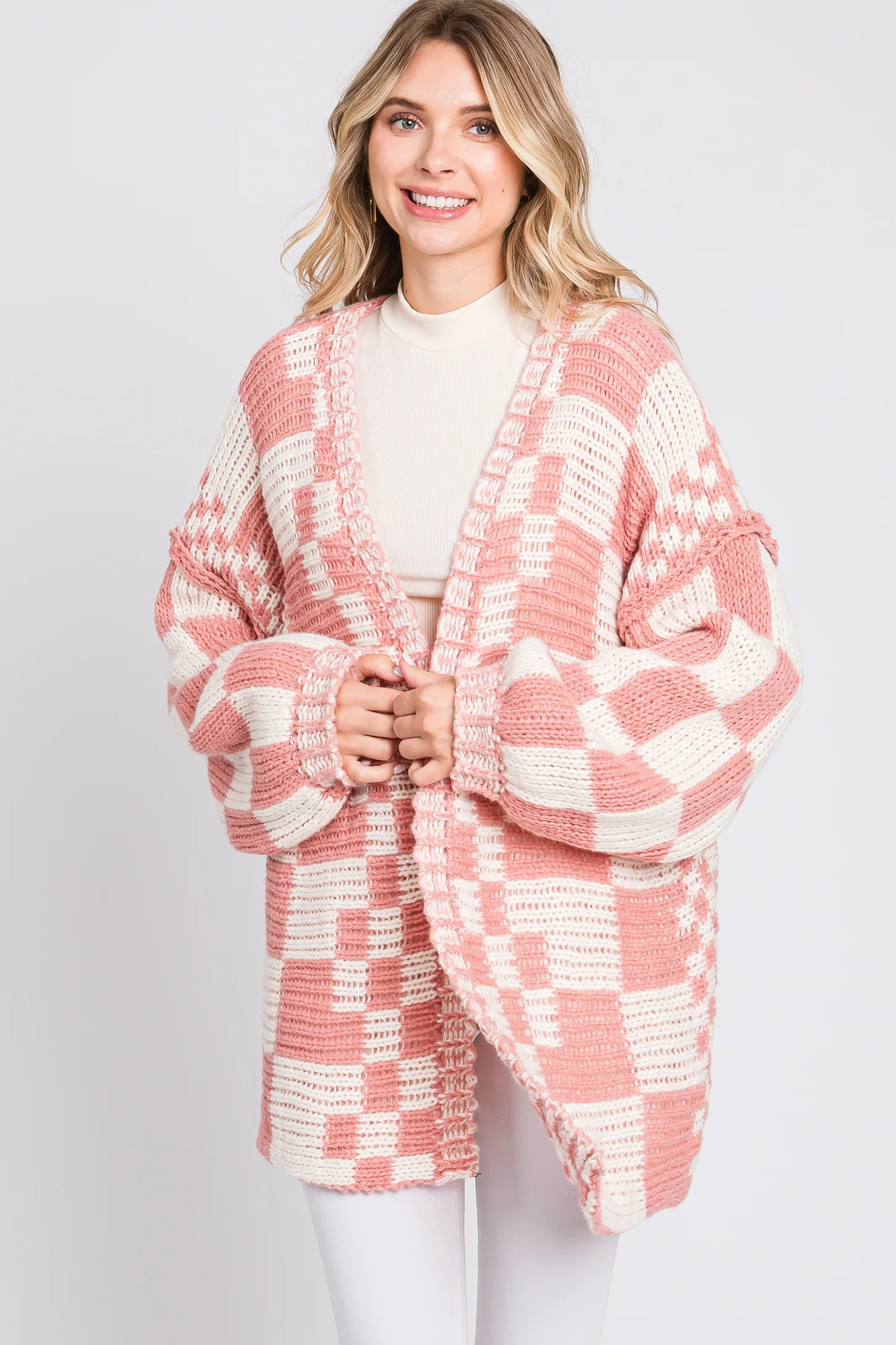 Mauve Checkered Oversized Chunky Knit Cardigan | PinkBlush Maternity