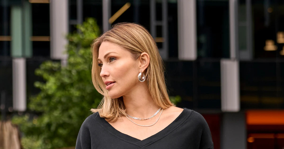 Cotton Comfort Double V Neck Sweatshirt - Black | Boston Proper | Boston Proper