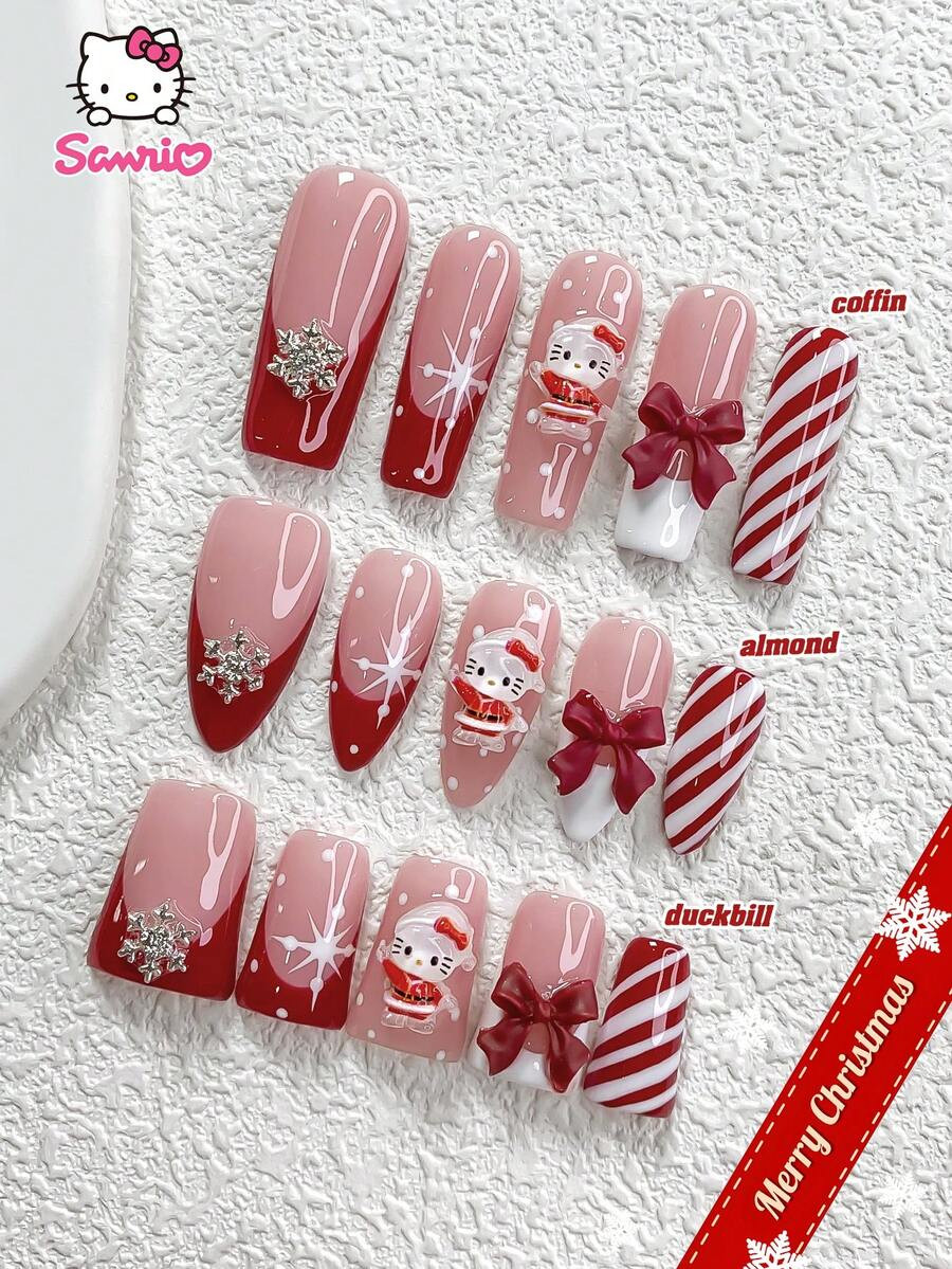 Sanrio Sanrio 10Pcs Christmas Nail Set,3D Hello Kitty Press-On Nails, French Fake Nails, Flashing... | SHEIN