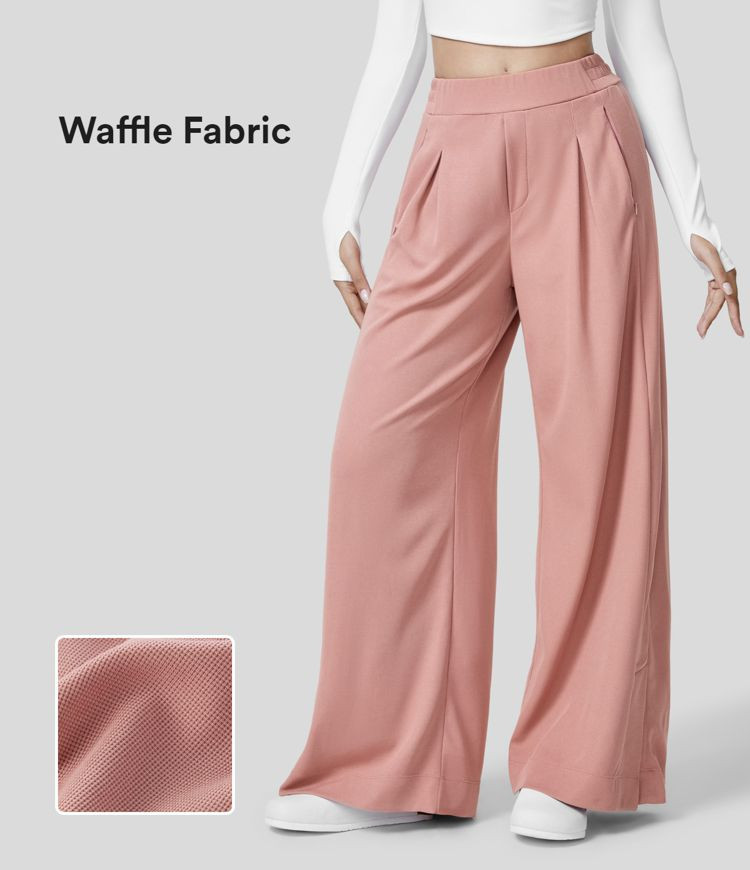 High Waisted Plicated Zipper Side Pocket Split Hem Wide Leg Waffle Casual Pants | HALARA