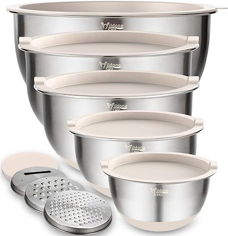 Mixing Bowls Set of 5, Wildone Stainless Steel Nesting Bowls with Khaki Lids, 3 Grater Attachment... | Amazon (US)