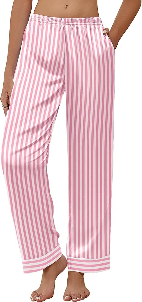 Ekouaer Women Silk Satin Pajama Pants, Color Block Loose Lounge Pants Elastic Waist Pj Bottoms wi... | Amazon (US)