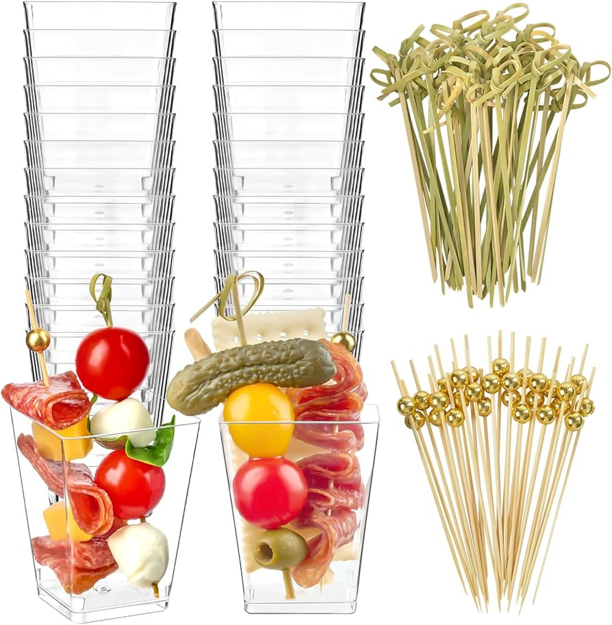 Zezzxu 50 Sets 5 oz Plastic Charcuterie Cups with 100 Sticks, Square Appetizer Cups with Cocktail... | Amazon (US)