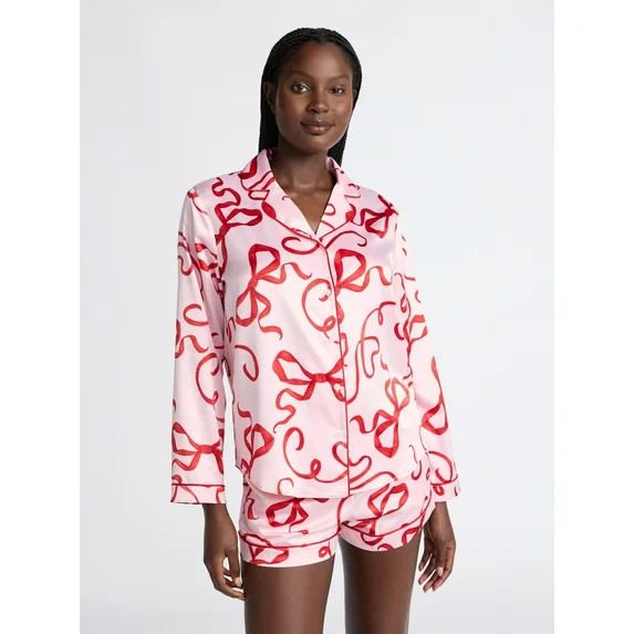 Joyspun Women’s Stretch Satin Notch Long Sleeve Top and Shorts Pajama Set, 2-Piece, Sizes XS-3X | Walmart (US)