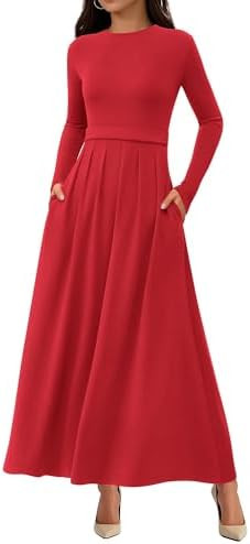 BTFBM Long Sleeve Dress for Women Winter Clothes 2025 Pockets Business Casual Pleated Fall Weddin... | Amazon (US)