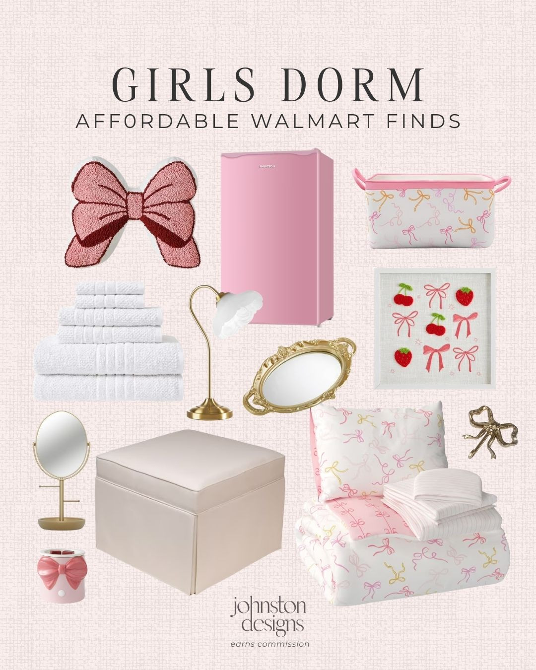 Affordable Walmart finds for a girls dorm room. 🎀 Love these pink and bow-accented picks for creating a cute college setup, including bedding, a mini fridge, storage ottoman, towels, desk lamp, mirrors, wall art, and dorm decor.


Walmart, girls dorm, college essentials, pink mini fridge, bow bedding, storage ottoman, dorm decor, desk lamp, wall art, vanity mirror, gold accents, bath towels, laundry basket, back to school, campus move in, freshman dorm, small space storage, cute room finds, affordable furniture, feminine decor 

 #LTKU #LTKHome #LTKKids