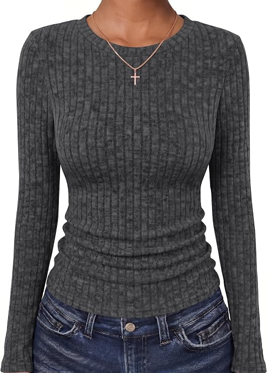 ANRABESS Long Sleeve Shirts for Women Ribbed Fitted Top | Crewneck Basic Tee, Knit Lightweight Sl... | Amazon (US)