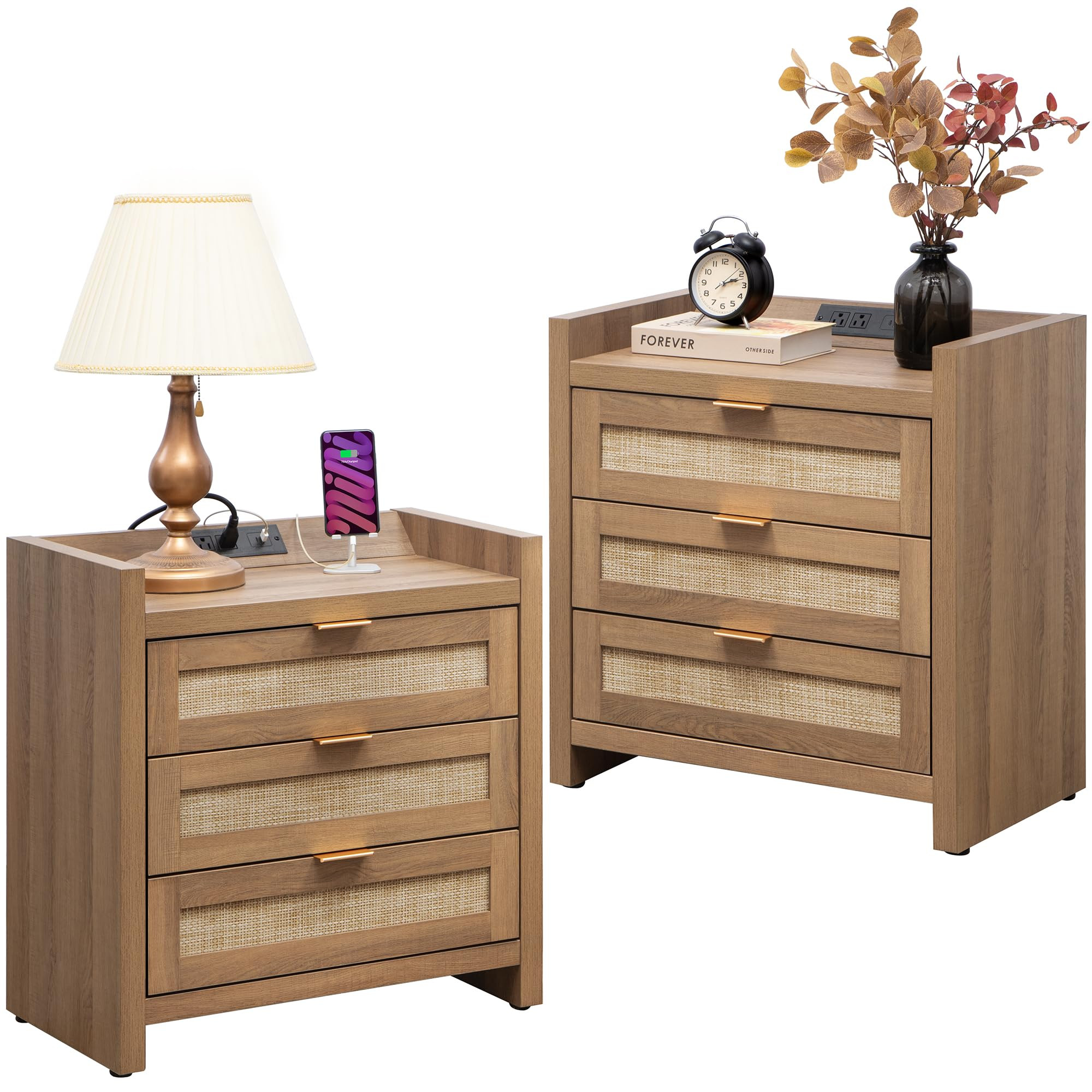SICOTAS Rattan Night Stand Set of 2 - Tall Nightstands with Type-C Charging Station, 3 Rattan Sto... | Amazon (US)