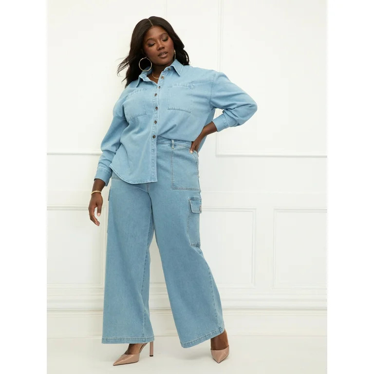 ELOQUII Elements Women's Plus Size Oversized Chambray Shirt with Pocket | Walmart (US)