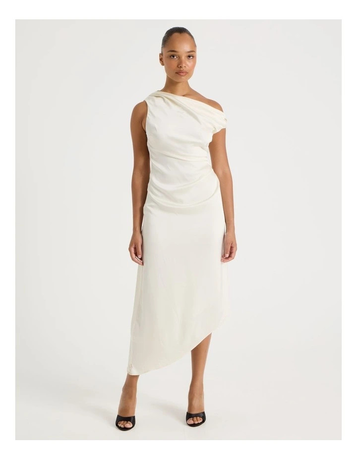 Satin Draped Asymmetrical Midi Dress in Ecru | Myer