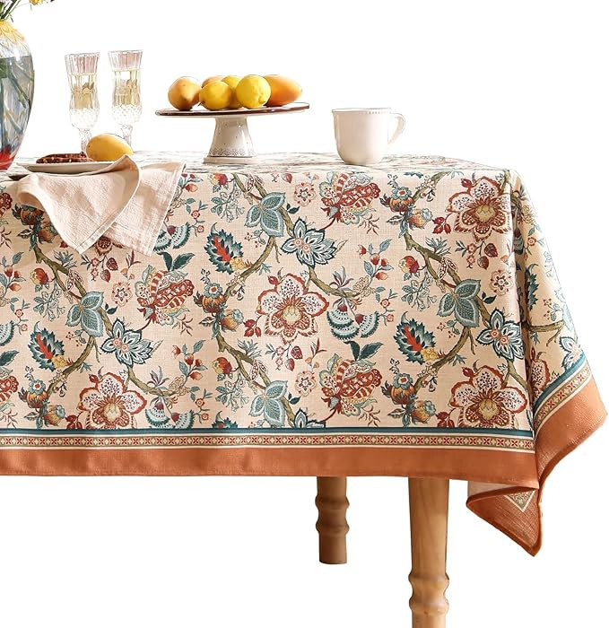 Linen Colorful Floral Rectangle Tablecloth,Vintage Indian Colorfast Block Print Table Cloth,Decor... | Amazon (US)