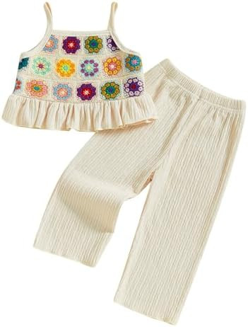 Baby Girl Outfits Crocheted Ruffled Camisole And Elastic Pants Set 6 12 18 24 Months 2 3 4 T | Amazon (US)