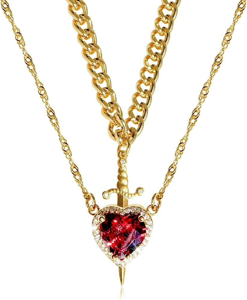 Personality Red Zircon Love Heart Dagger Pendant Necklace for Women Jewelry Gothic Sword Layered ... | Amazon (US)
