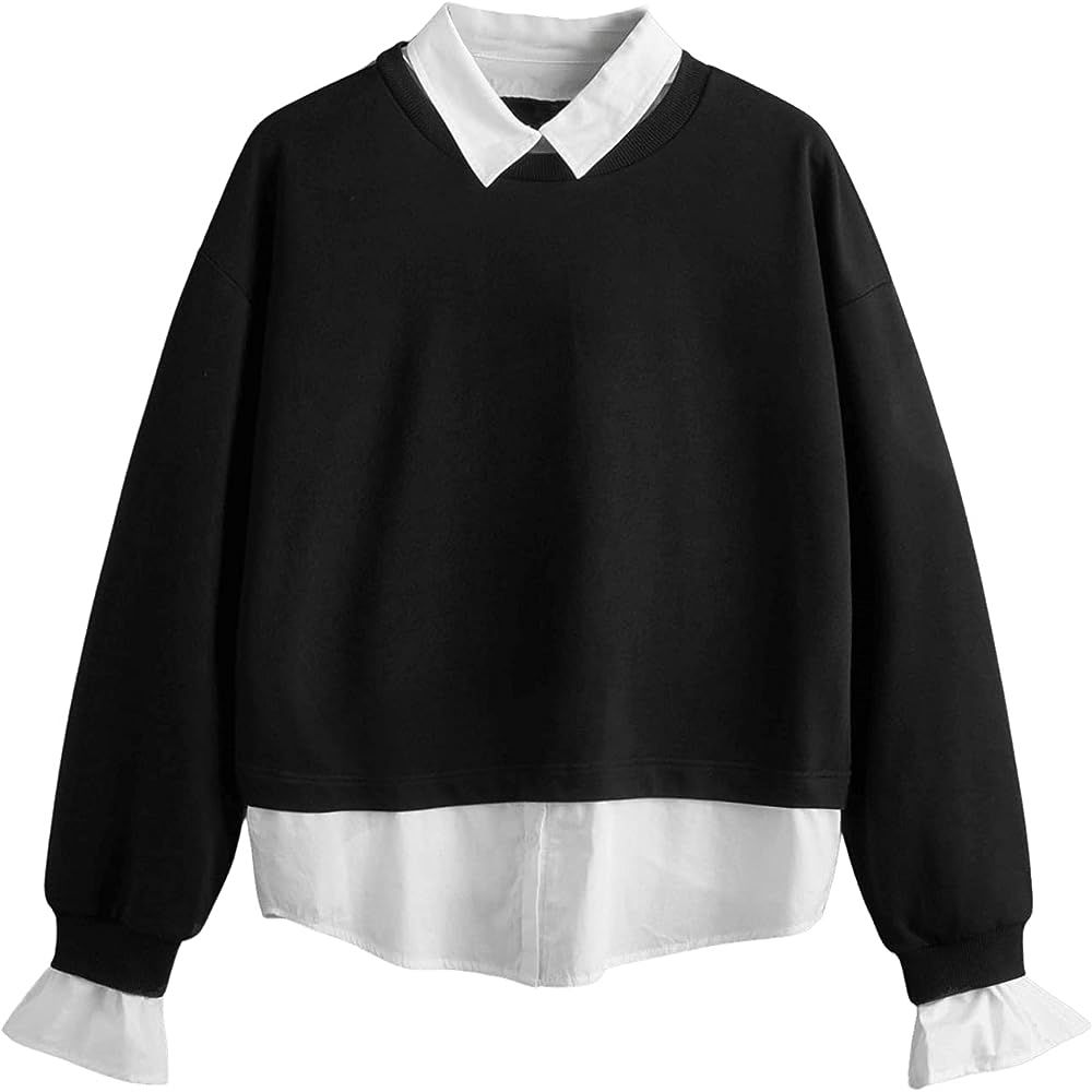 SweatyRocks Women's Long Sleeve Color Block Collar 2 in 1 Pullover Sweatshirt Top | Amazon (US)