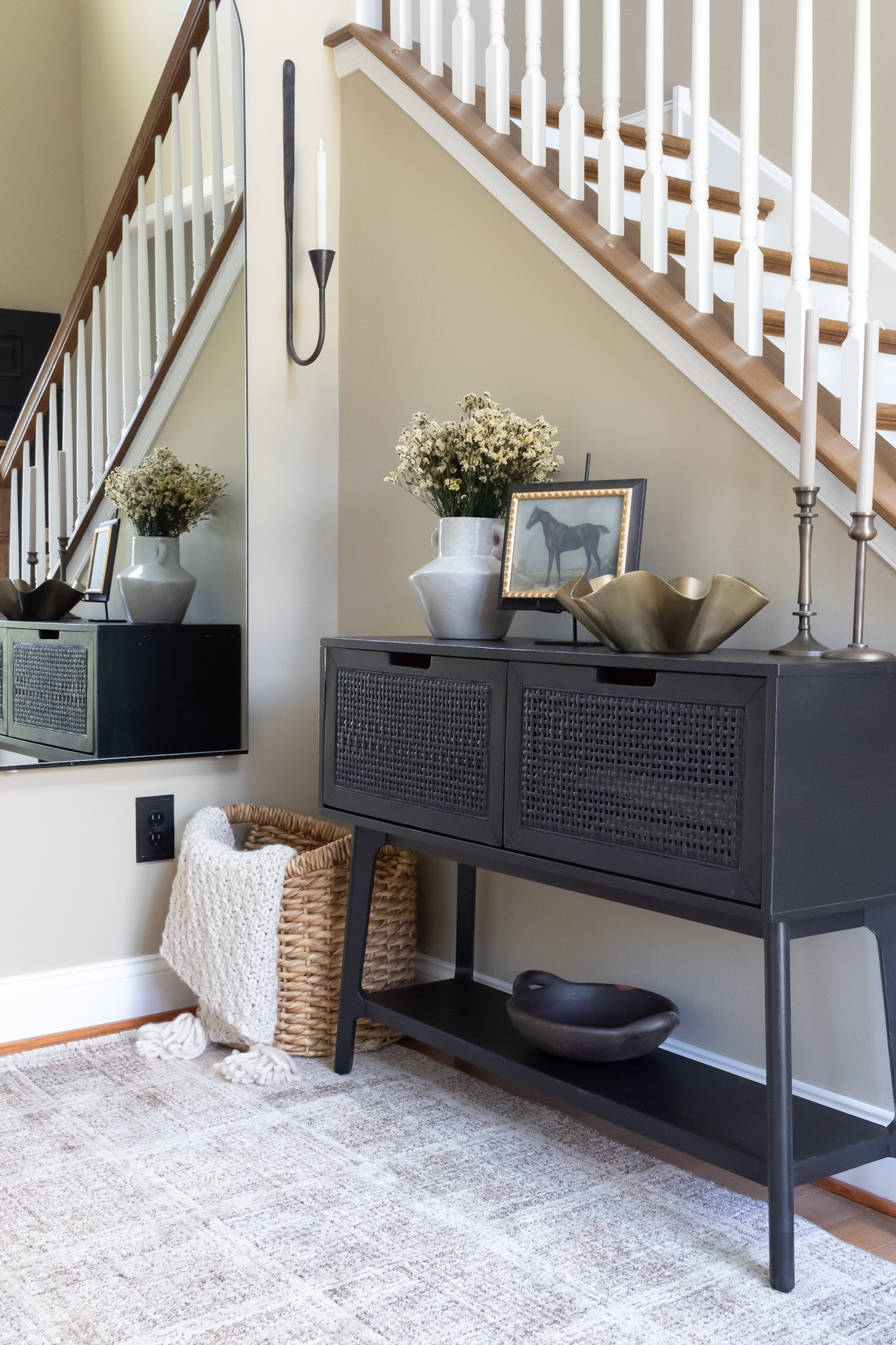 Spring decor.  Entryway console table styling.  Vase.  Art. Bowl.  Candlesticks.  Mirror.  Amazon.  Loloi.  Target.  McGee and Co.  Studio McGee.  Hearth and Hand.

#LTKfindsunder100 #LTKhome #LTKSeasonal