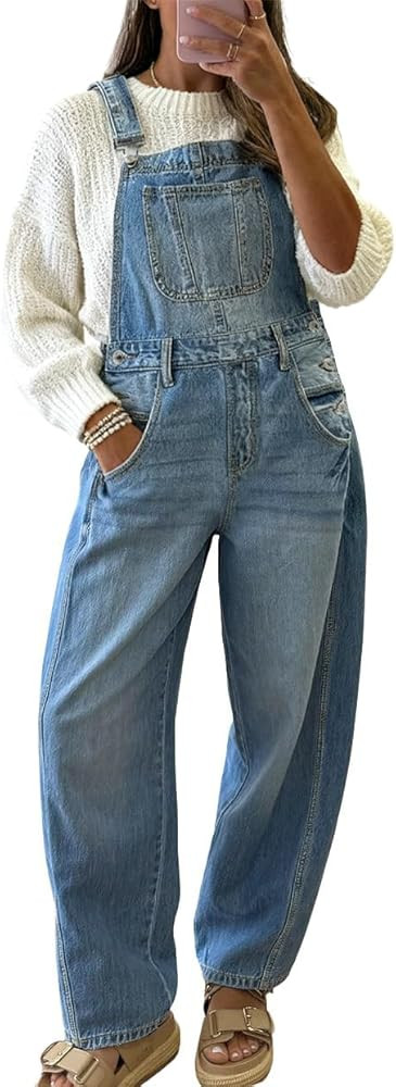 chouyatou Women's Baggy Adjustable Strap Denim Bib Overalls Barrel Jeans Casual Loose Wide Leg De... | Amazon (US)