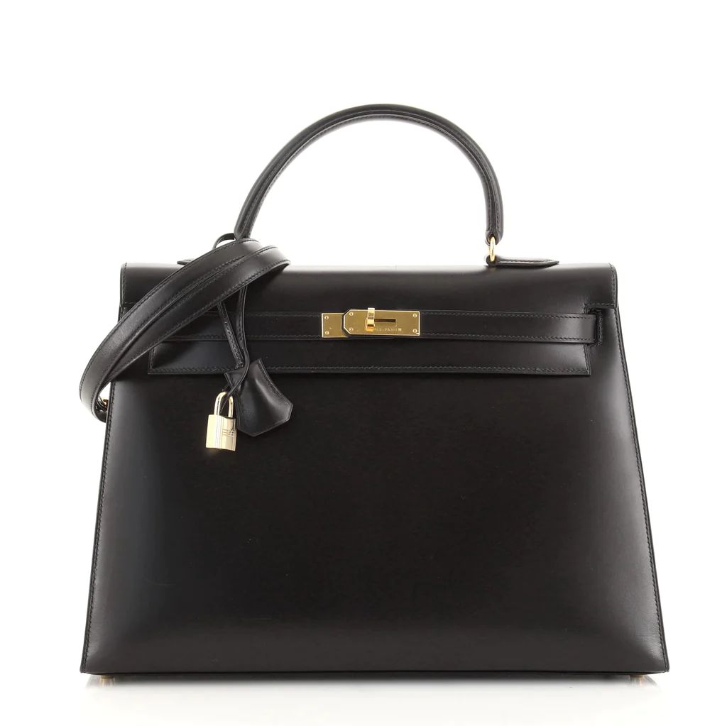 Kelly Handbag Noir Box Calf with Gold Hardware 35 | Rebag