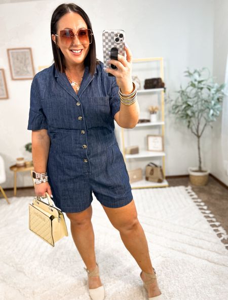 New romper at Walmart!  Sizes limited in this denim wash but also available in cream and olive green. Wearing an xl. Nice and stretchy material. Not sure if this one fits the best on me though. Long in the torso and tighter around the waistline  

#LTKMidsize #LTKFindsUnder50 #LTKSeasonal