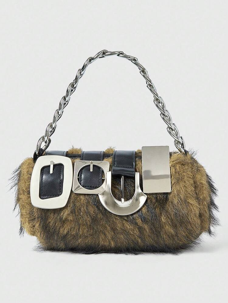 ROMWE Grunge Punk 2000s Style Women Handbags,Punk Rivet Biker Bags,Metal Chain Bag,Fur Purse ,Autumn & Winter Wallets(Random Pattern) | SHEIN