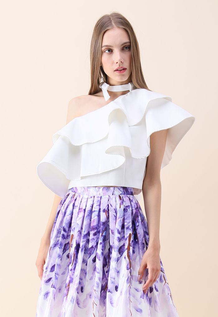 Ritzy One-shoulder Ruffled Crop Top in White | Chicwish