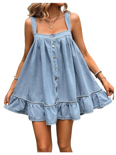 SHENHE Women's Ruffle Hem Denim Mini Dress Sleeveless Button Up Flowy Jean Tank Dresses Light Wash Blue X-Small | Amazon (US)