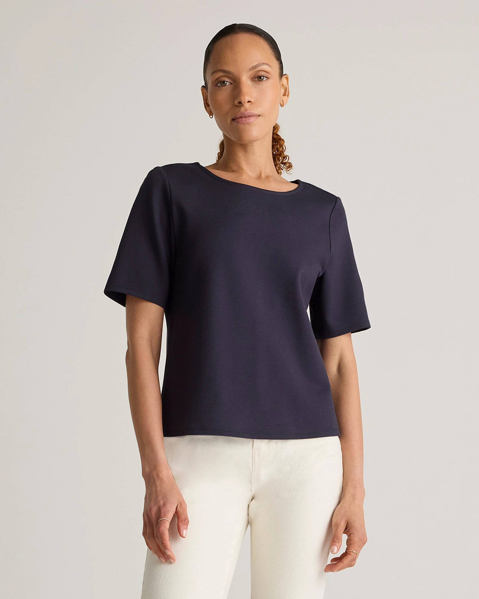 Quince | Women's Ultra-Stretch Ponte Short Sleeve Top in Ecru, Size XS, Rayon | Quince