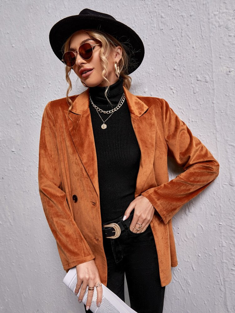 Peak Collar Double Breasted Velvet Blazer | SHEIN