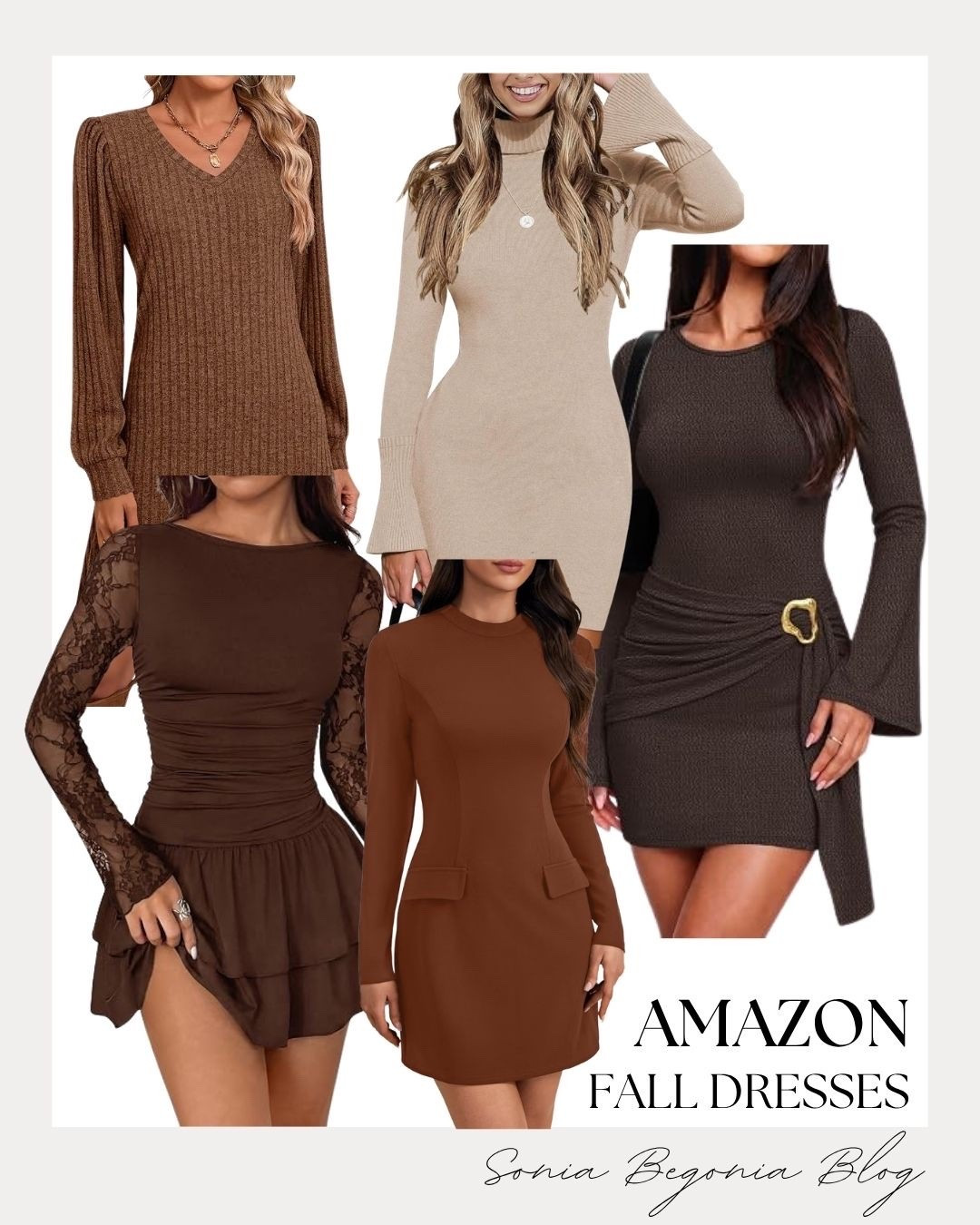 Fall dress guide! 🍂

I styled a round-up of rich brown and cream Amazon dresses, featuring cozy ribbed knits, elegant turtleneck sweater dresses, side-buckle silhouettes, and sheer lace sleeve details.

Perfect for autumn date nights, events, or chic everyday styling! 🤎✨

#AmazonFashion #AmazonFinds #FallDresses #LTKfashion #AutumnOutfit #SweaterDress #OOTD #ChicStyle #DateNightLook

#LTKootd #LTKSeasonal