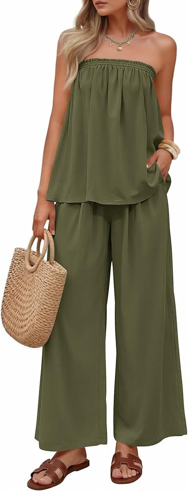 ZESICA Women's Summer 2 Piece Sets 2026 Spring Casual Strapless Tube Top Wide Leg Pants Ruffle Be... | Amazon (US)