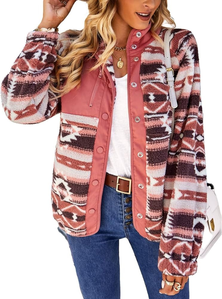 chouyatou Women's Fleece Jacket Tribal Aztec Print Long Sleeve Button Down Shacket Jacket Coats | Amazon (US)