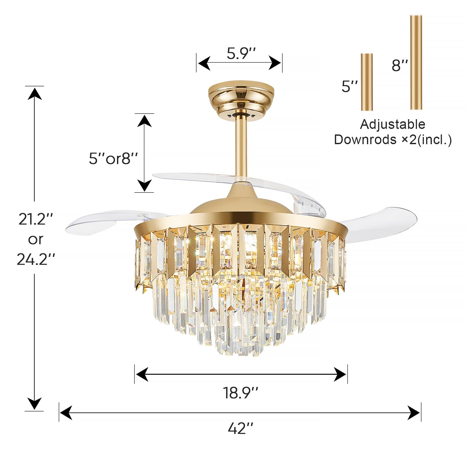 42" Fandelier Ceiling Fan with Light, Crystal Chandelier Fan with Retractable Blades LED Dimmable... | Amazon (US)