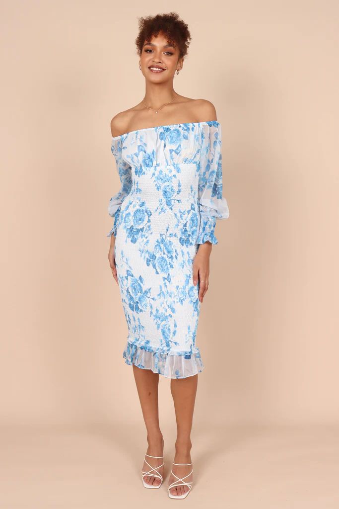 Affie Off Shoulder Midi Dress- Blue Floral | Petal & Pup (US)