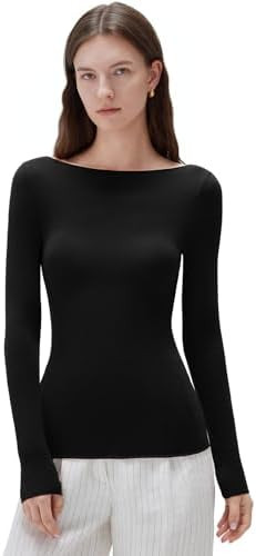 SUUKSESS Cloud Cashmere Women Boat Neck Fitted Long Sleeve Shirt Basic Knit Tops | Amazon (US)