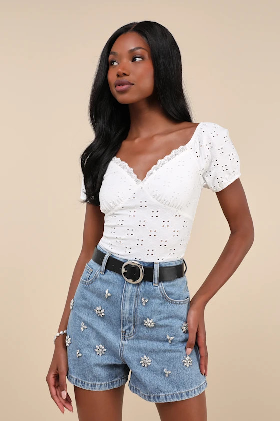 Easygoing Glow Medium Wash Denim Rhinestone High-Rise Shorts | Lulus