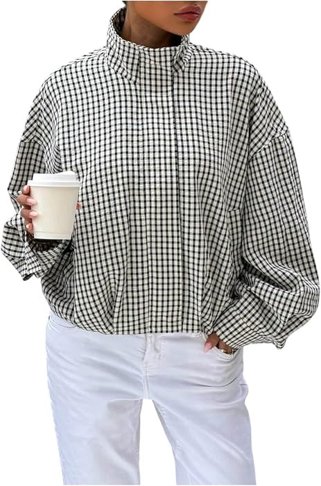 Women's Plaid Jacket Gingham Bomber Jacket with Pockets Fall Outfit | Amazon (US)