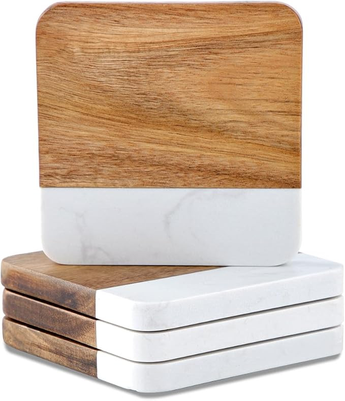 Acacia Wood Marble Coasters for Drinks Set of 4, Square Non-Slip Wooden Stone Coaster Coffee Tabl... | Amazon (US)