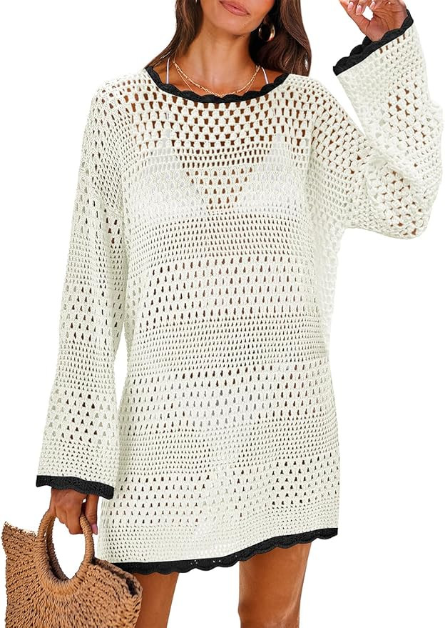 ANRABESS Women Swimsuit Crochet Swim Cover Up Summer Bathing Suit Swimwear Knit Pullover Beach Dr... | Amazon (US)