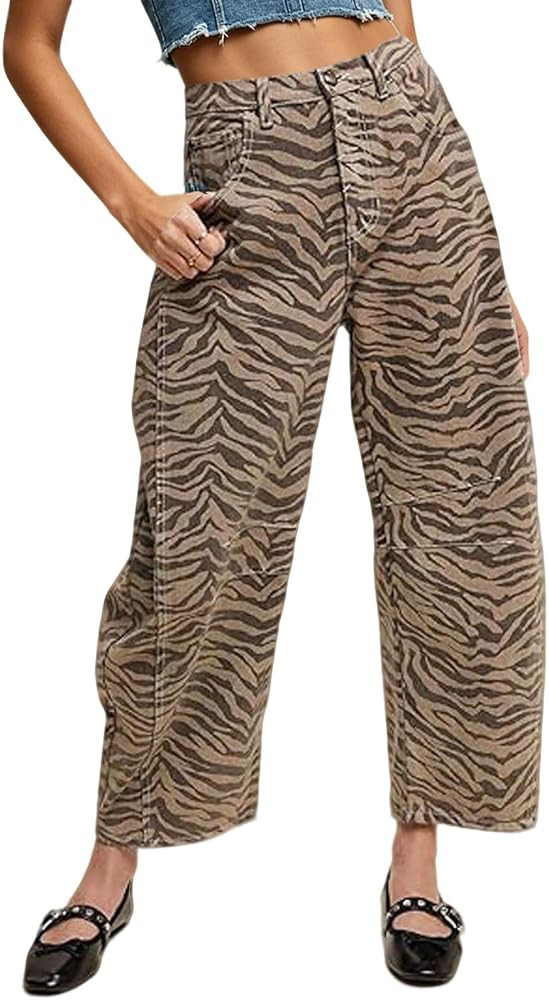 loveimgs Women Baggy Barrel Jeans Sweatpants Zebra Animal Printed Jeans Boyfriend Ankle Denim Wid... | Amazon (US)